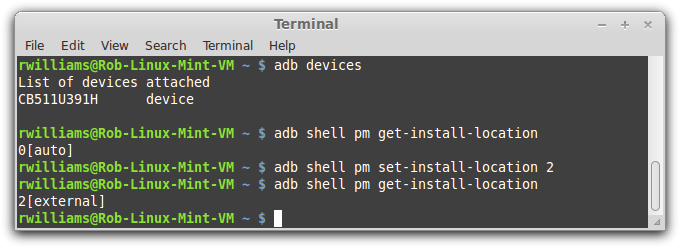 Android adb Setting External Storage Command-line Linux