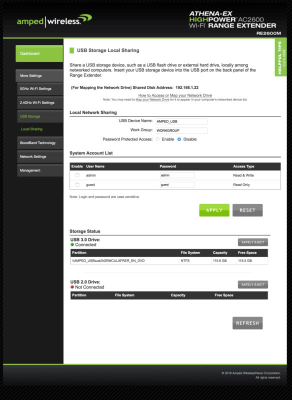 Techgage Amped Wireless ATHENA-EX Range Extender Review Shared Storage