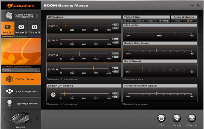 Cougar 600M Gaming Mouse Software - Main Interface