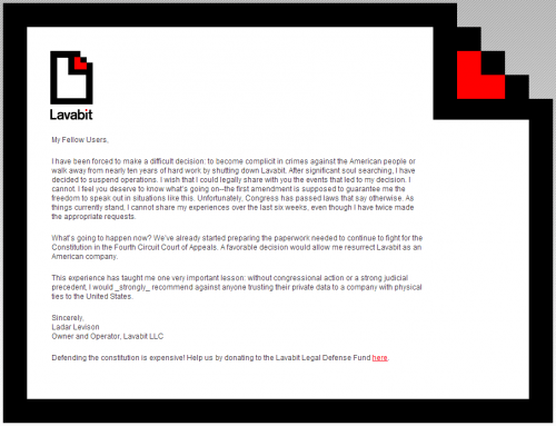 Lavabit Closure Message
