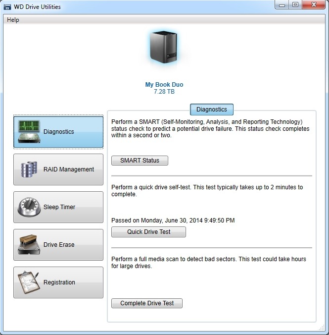 WD My Book Duo Drive Utilities - Diagnostics Screen