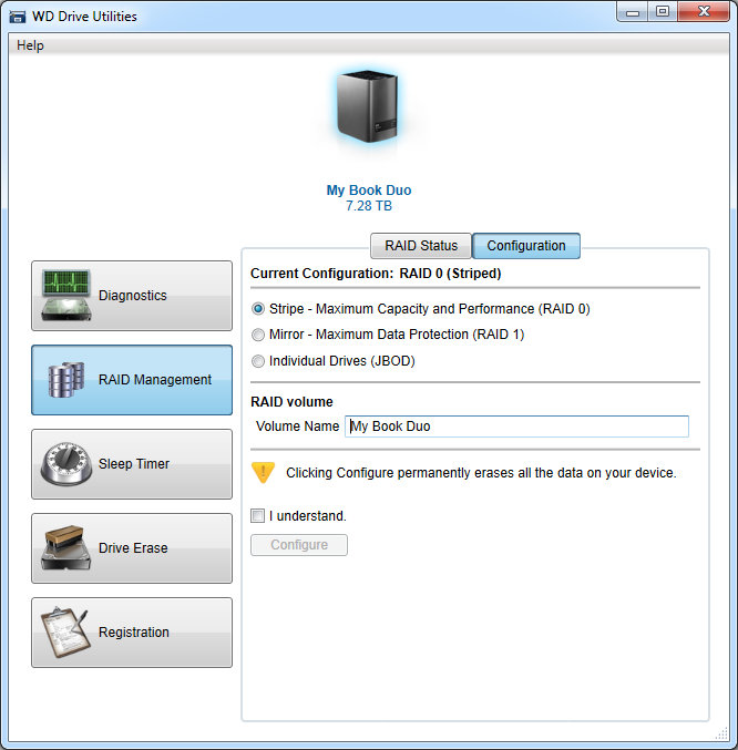 WD My Book Duo Drive Utilities - RAID Settings Screen 2