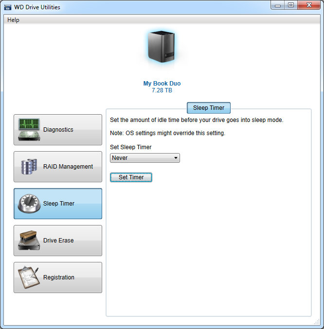 WD My Book Duo Drive Utilities - Sleep Timer