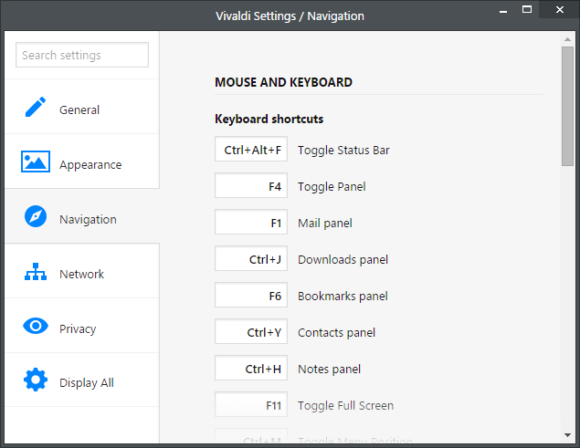 Vivaldi Web Browser - Settings
