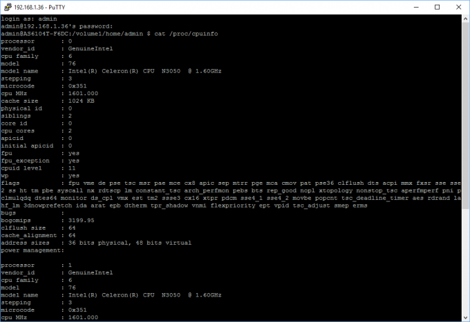 ASUSTOR AS6104T SSH CPU Info