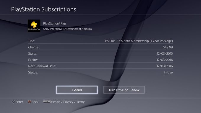 PlayStation 4 - Subscription Renewal