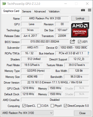 AMD Radeon Pro WX 3100 GPU-Z Screenshot