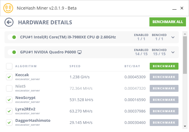 NiceHash Miner Benchmarking Screen