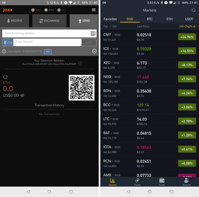 Jaxx Cryptocurrency Wallet & Binance Mobile Apps