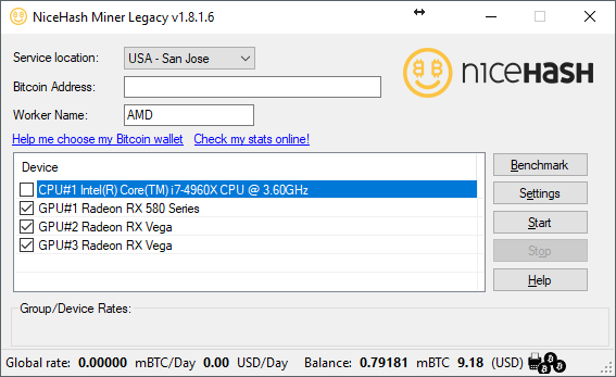 NiceHash Legacy Miner Main Screen