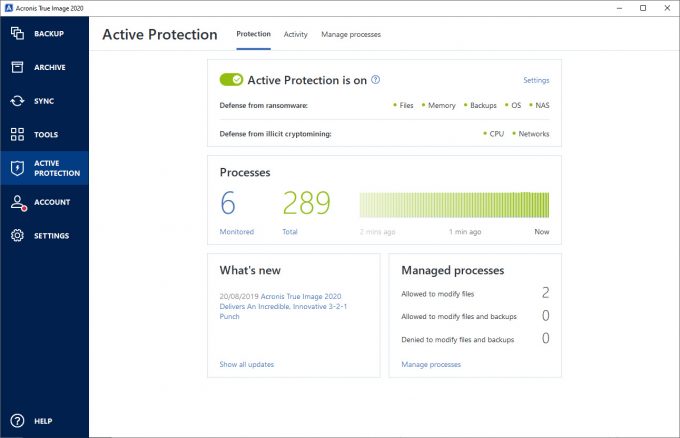 Acronis True Image 2020 - Active Protection Screen