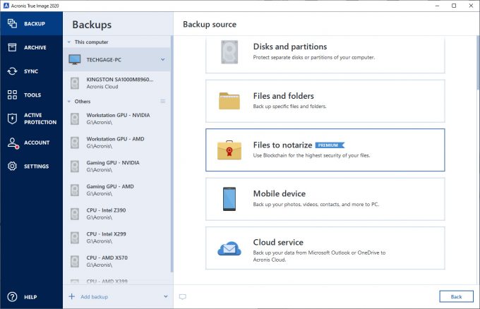 Acronis True Image 2020 - Backup Options Screen