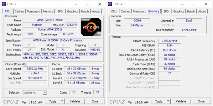AMD Ryzen 9 3950X and DDR4-3600 CPU-Z Screenshot