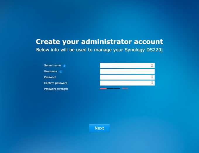 Synology DS220j and DS420j Screen Shot Create Admin Account