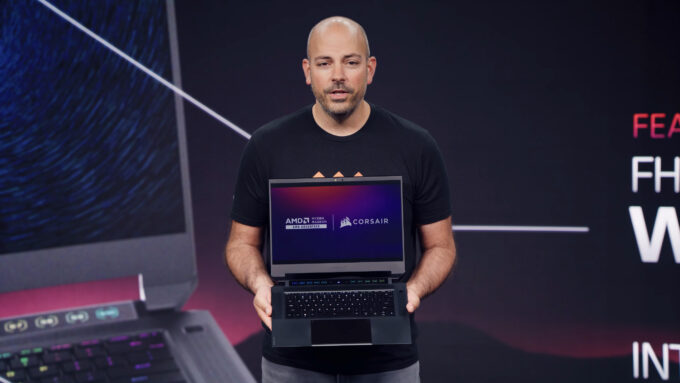 AMD's Frank Azor Holding Corsair's Voyager a1600 Gaming Notebook